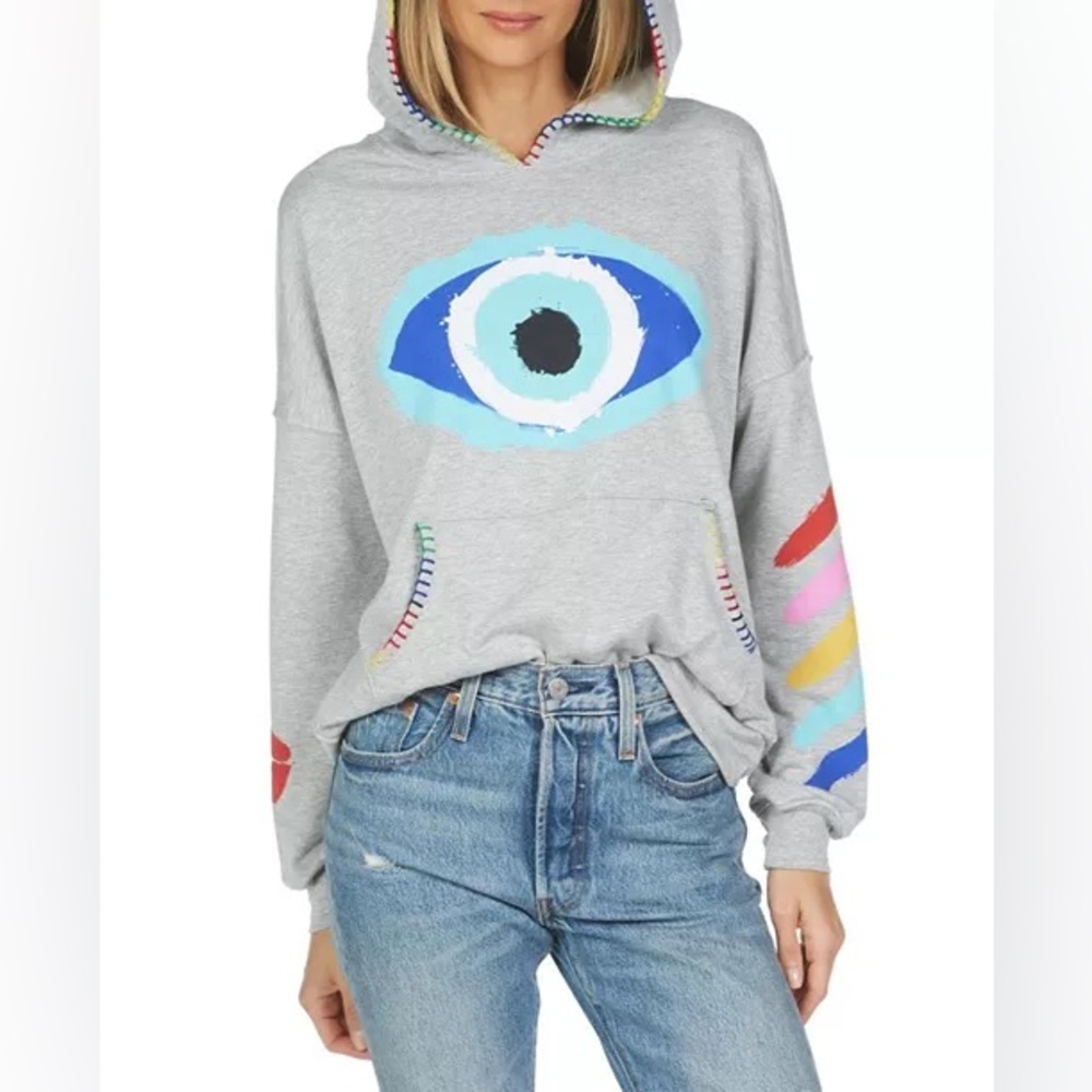 lauren moshi raya painted evil eye hoodie XL sweater rainbow embroidery colorful